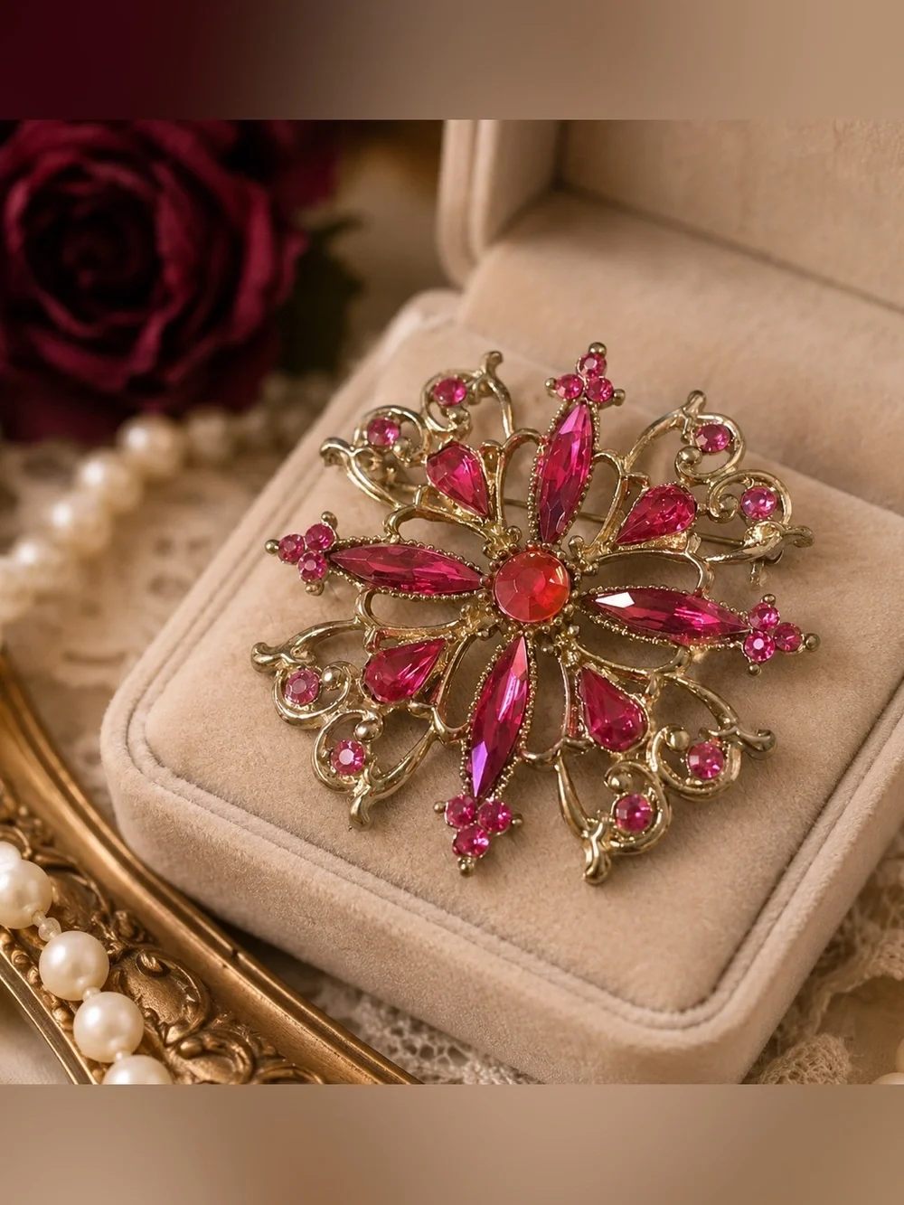 Vintage-Inspired Pink Crystal Jeweled Brooch | Floral | Statement Pin